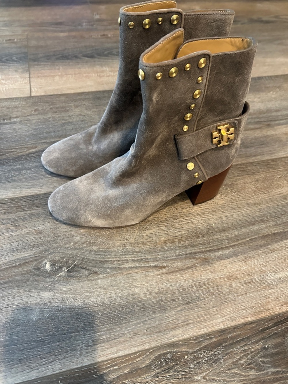 Tory Burch Taupe Suede Studded Ankle Boots with Gold Hardware size 8.5 NWOT